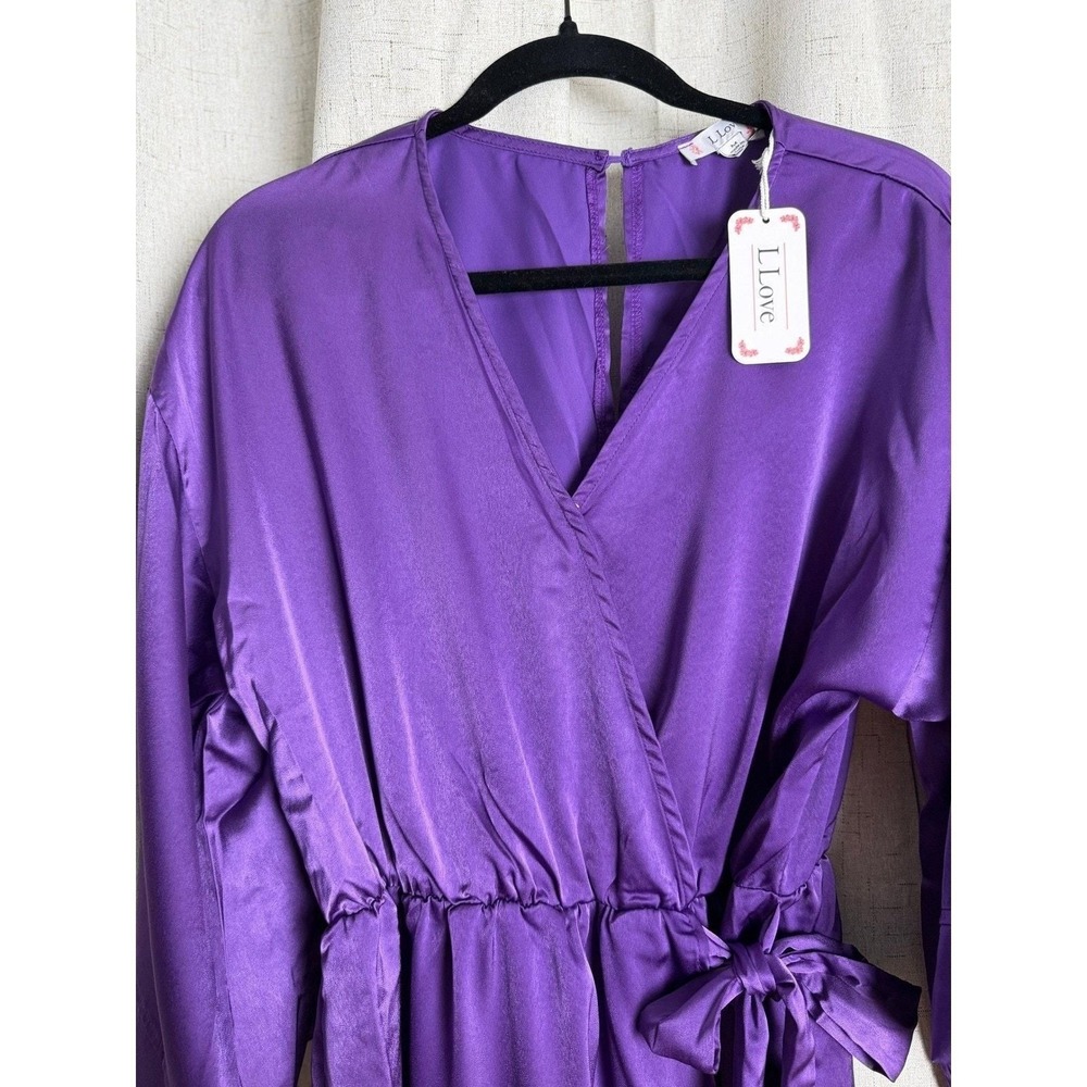 Purple Satin Wrap Mini Romper Kimono Sleeve